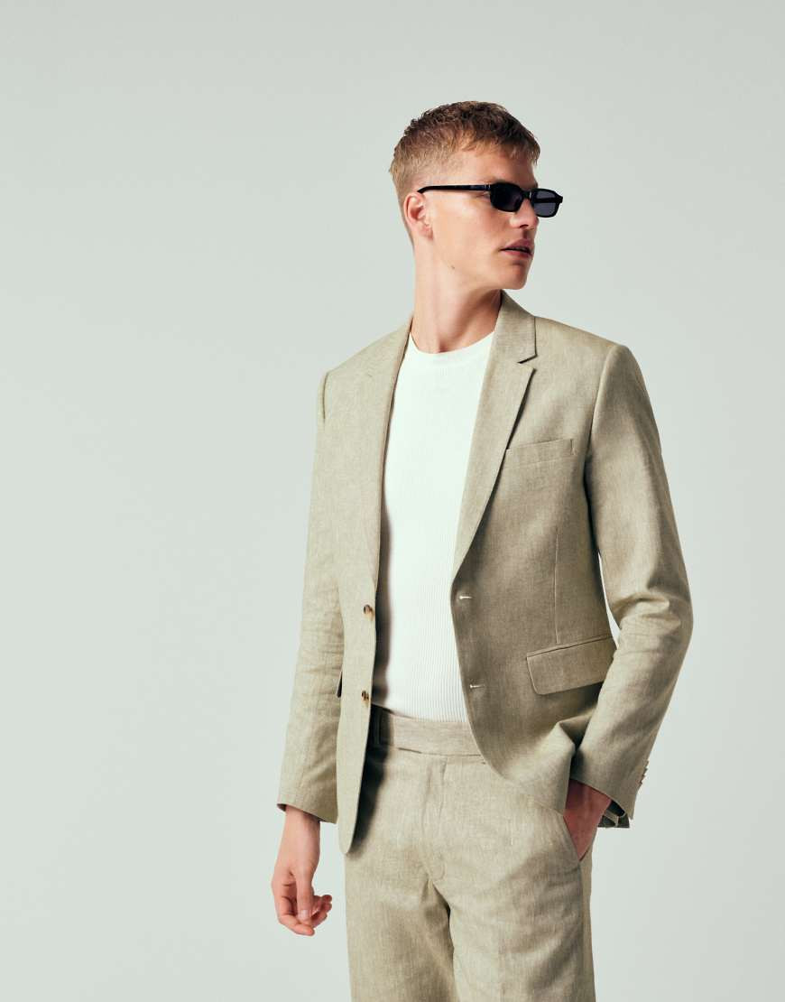 Abercrombie & Fitch linen blend slim fit single breasted blazer in green - part of a set | ASOS (Global)