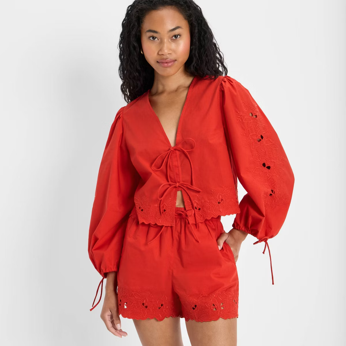 Women's Long Sleeve Eyelet Tie-Front Poplin Blouse - Future Collective | Target