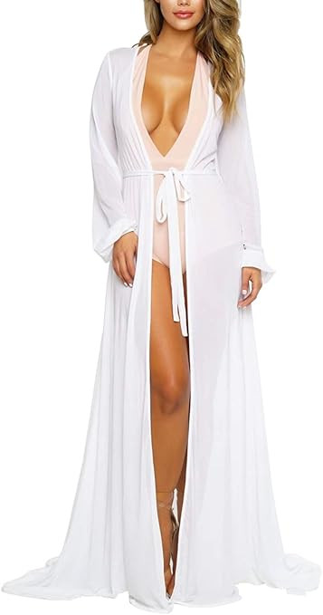 Pink Queen Women's Long Sleeve Flowy Maxi Swimsuit Tie Front Robe Cover Up Kimono Cardigan Beach ... | Amazon (US)