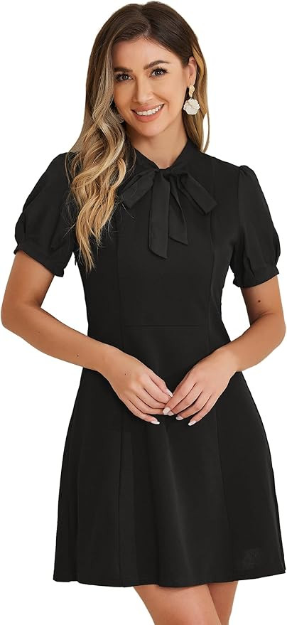 Allegra K Elegant Dresses Tie Neck Puff Short Sleeve Office Work Dress | Amazon (US)