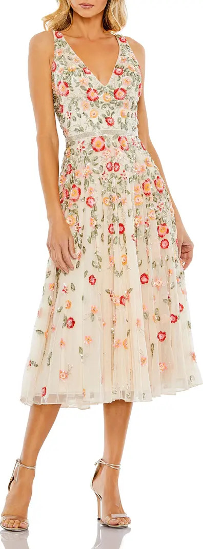 V-Neck Sleeveless Midi Floral Beaded A-Line Dress | Nordstrom