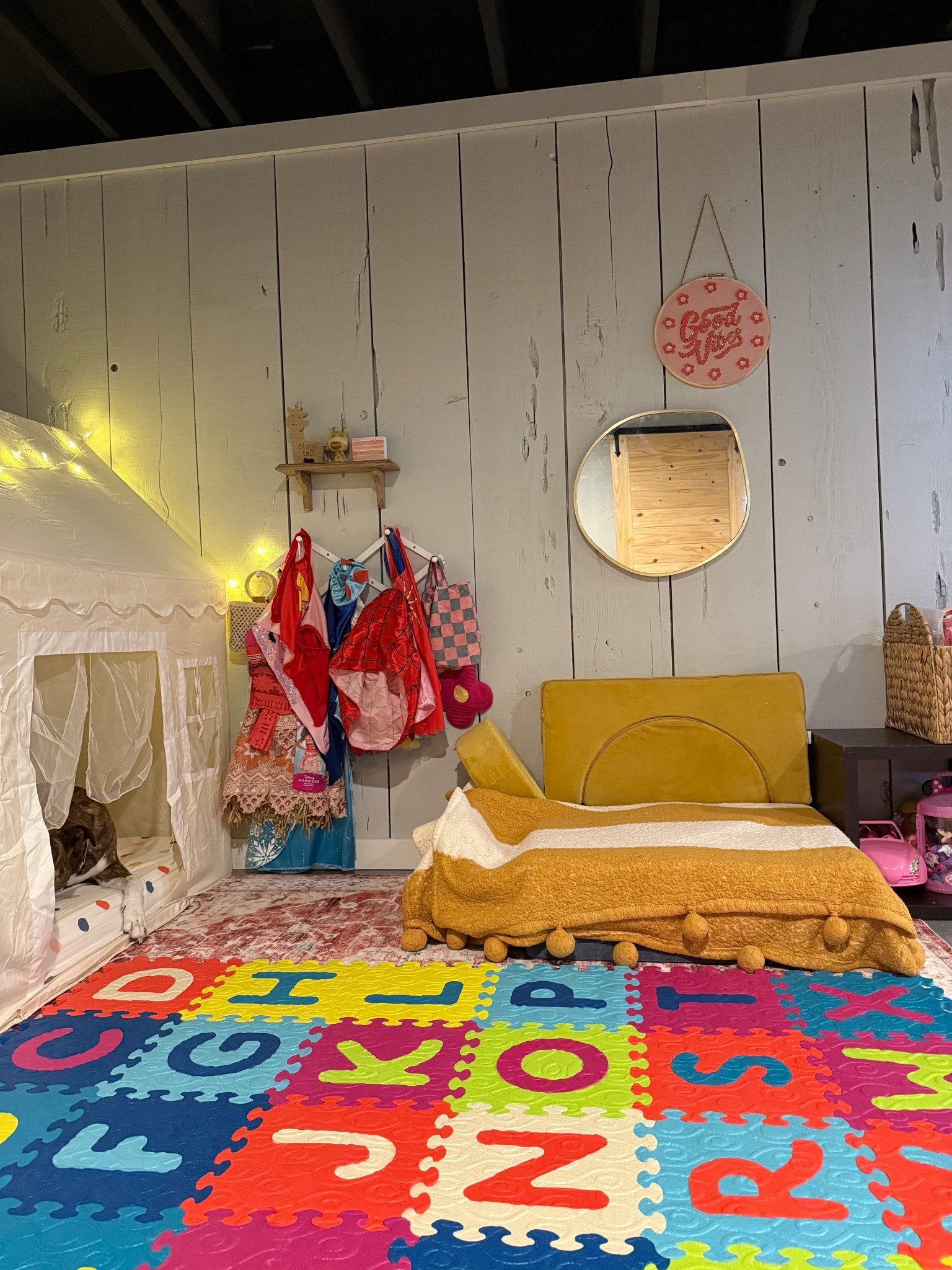 Basement playroom is a total vibe! Could play here all day myself! How stinking cute is this play toddler tent?! 
#backtoschool #toddlerplaytime

#LTKHome #LTKFamily #LTKKids