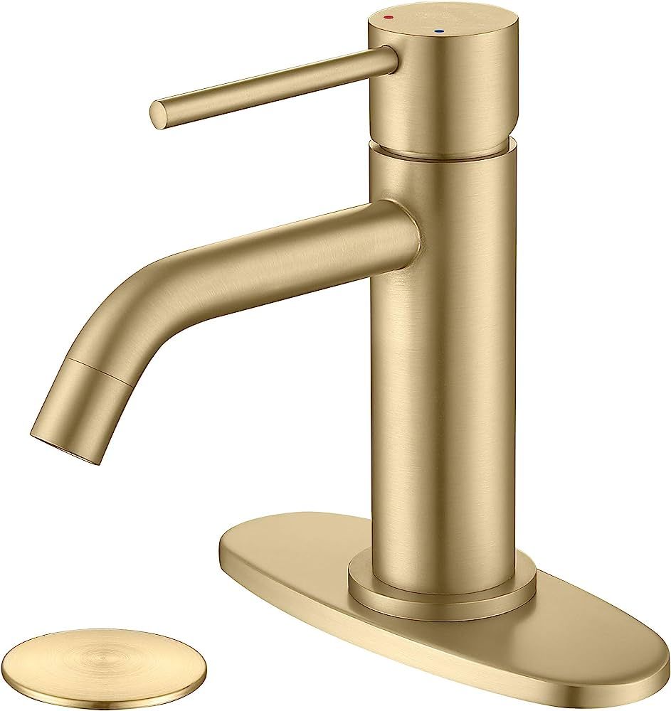 Brushed Gold Bathroom Faucet Single Hole, JXMMP Brass Single Handle Bathroom Sink Faucet with Pop... | Amazon (US)