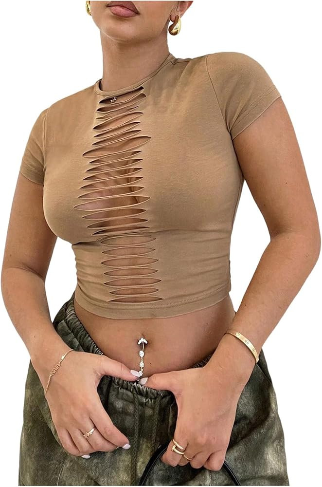 WDIRARA Camiseta de manga corta con cuello redondo y rasgada para mujer | Amazon (US)