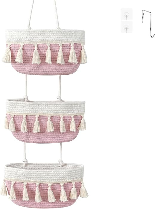 OUINGTEX Over The Door Organizer Hanging Basket,3-Tier Boho Woven Wall Decor Baskets Cotton Wall ... | Amazon (US)