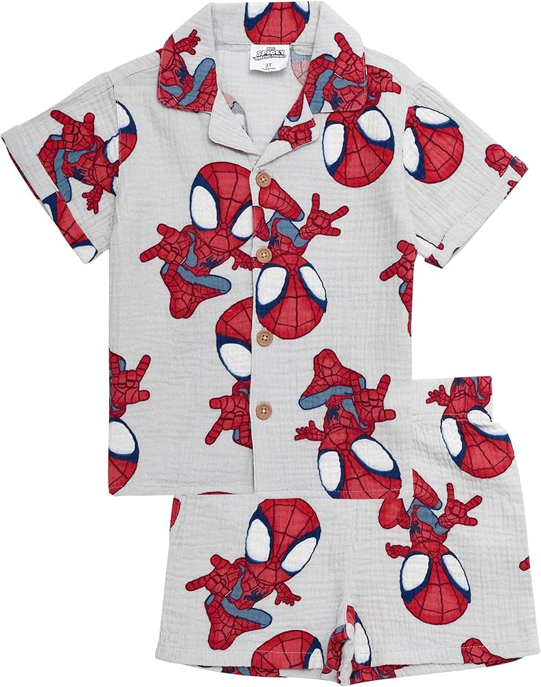 Marvel Spiderman Toddler Boys Summer Outfit, 2 Pcs Cotton Button Down Shirt & Shorts Set | Amazon (US)