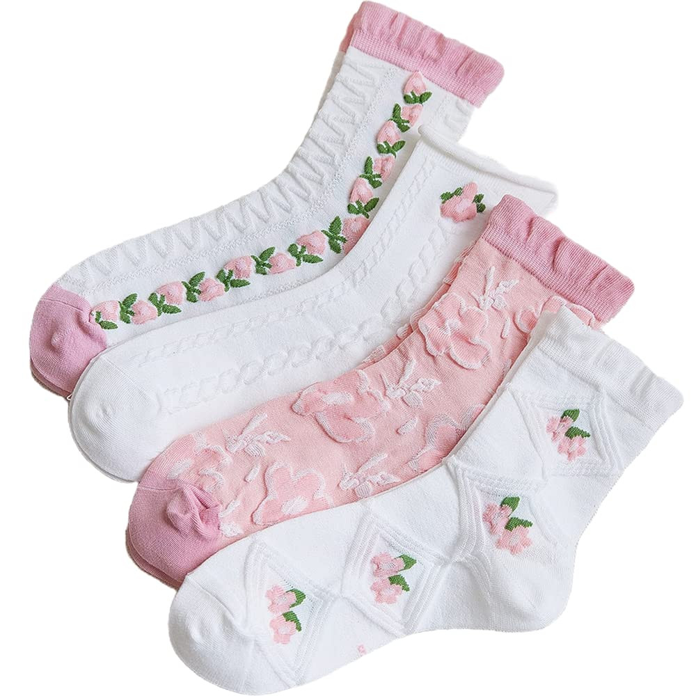 CHUNFO Cute Pink White Floral Women Ankle Sock Stripe Lettuce Trim Knitted Comfy Embroidered Girl... | Amazon (US)