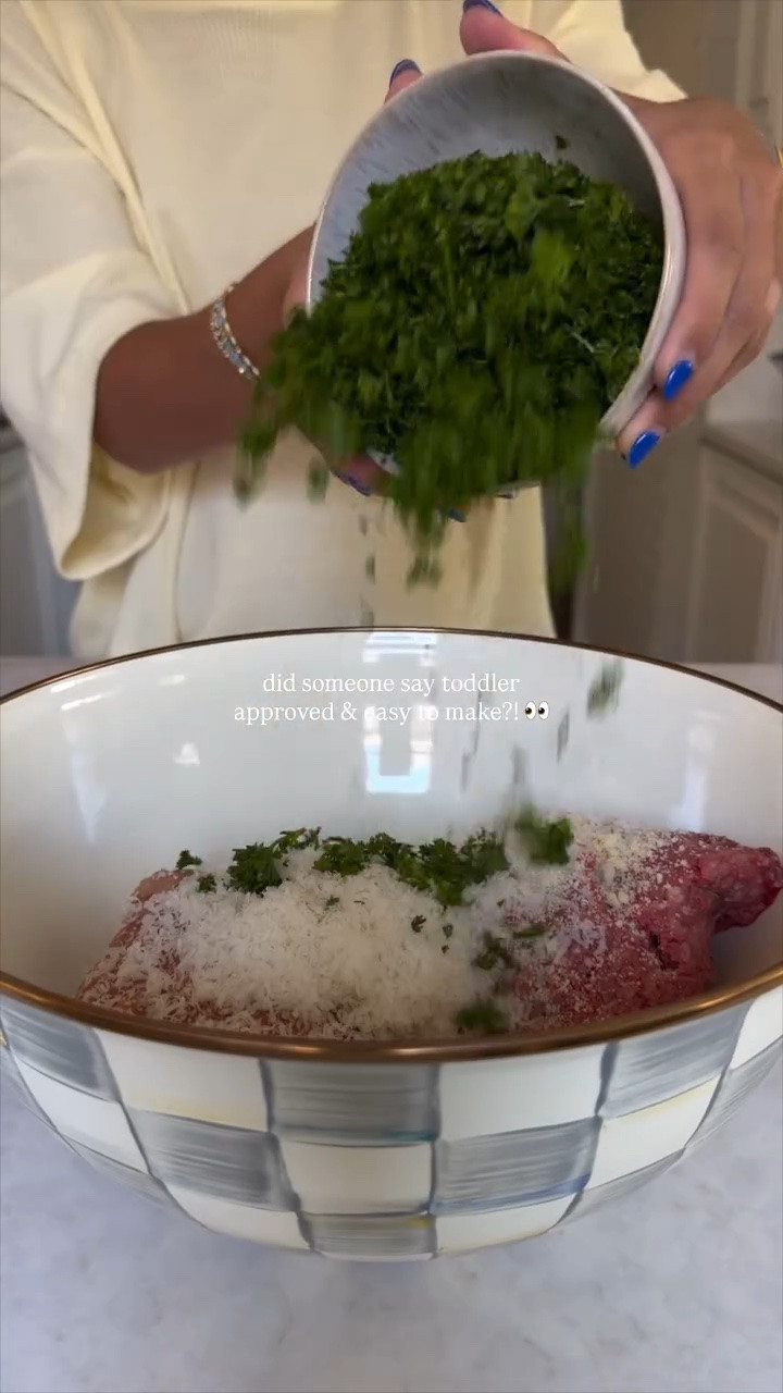 pretty much a private chef for my toddlers these days 🤪 these are easy to prep ahead of time & something my entire family looooves! recipe below! 

Make Ahead Baked Meatballs 

Ingredients:
1 lb ground beef
1 lb Italian sausage
1 tbsp fresh Italian parsley, finely chopped
1 shallot, finely diced
4 garlic cloves, minced
1/4 cup grated Parmesan cheese
2 tbsp breadcrumbs
1/4 cup almond flour
2 eggs
Salt & pepper, to taste
(2) 24 oz jars of basil marinara sauce
Fresh grated parmesan cheese, for garnish 

Instructions:
1.  Make the meatballs: In a large bowl, combine the ground beef, sausage, parsley, shallot, garlic, Parmesan, breadcrumbs, almond flour, eggs, salt, and pepper. Mix until just combined, then roll into golf ball sized balls. Place them in a baking dish, cover until ready to bake and set them aside in the fridge. 
2. Once ready to bake, remove the baking dish from the fridge and cover with the two jars of marinara sauce. Season with salt and pepper and toss to combine and coat the meatballs well. 
3. Cover the baking dish in foil and preheat the oven to 400 degrees. Once the oven is hot and ready, place the baking dish of meatballs in the oven to bake for 30 minutes. 
4. After 30 minutes, remove the baking dish from the oven and remove the foil. Grate fresh parmesan over all the meatballs with an amount to your liking. 
5. Place the baking dish back in the oven to bake for 10 minutes. For the last 2 minutes of baking, turn the oven to broil on high. Once cooked and bubbling, remove from the oven. 
6. Serve the meatballs warm on their own or over your favorite pasta.