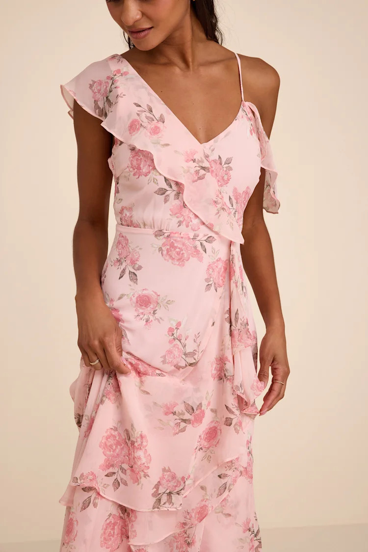 Velma Blush Floral Ruffled Asymmetrical Maxi Dress | Lulus