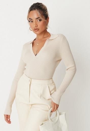 Petite Sand Rib Knit Polo Bodysuit | Missguided (US & CA)