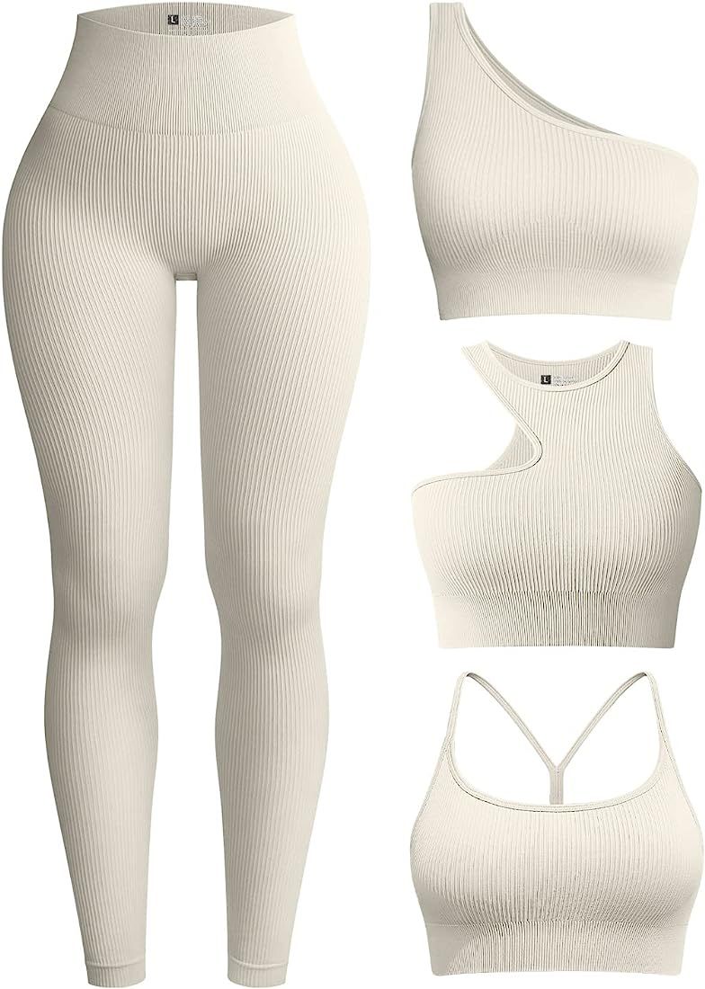 OQQ Womens 4 Piece Workout Outfits Ribbed Yoga High Waist Leggings with 3 Piece Crop Tops with Sp... | Amazon (US)