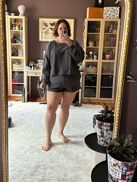 This Aerie set is like thin, light sweatshirt material. The top and shorts fit true to size/slightly generous. I’m wearing the XL in both. Comes in lots of colors! 