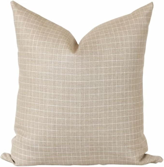 Laurel & Blush 100% Cotton Throw Pillow Covers 18x18 Inch - Jasper Beige with Horizontal & Vertic... | Amazon (US)
