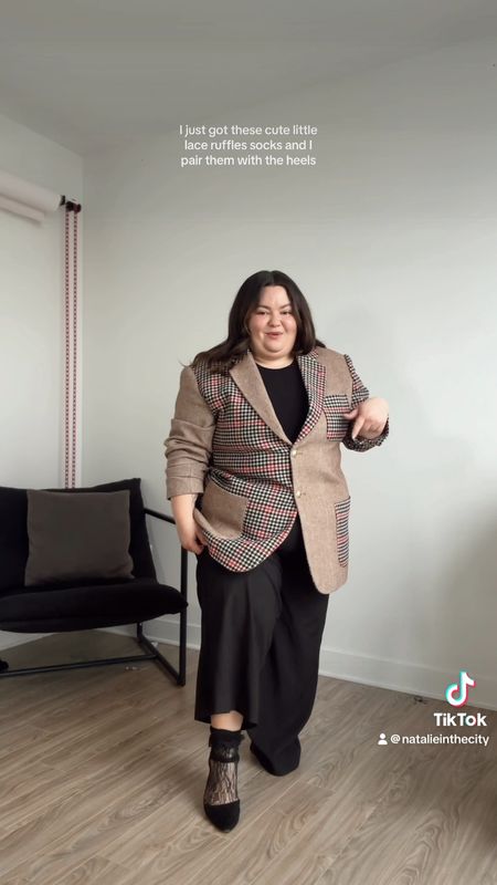 Plus size work outfit 
Rowing blazers x target blazer wearing a men’s 3X big and tall found on Poshmark 
Black work pants from Torrid in a 2 short 
Lace ruffle socks from Amazon 
Bodysuit from Rue 21 
And my Woxer set is a 2X 

#LTKmidsize #LTKplussize #LTKxTarget