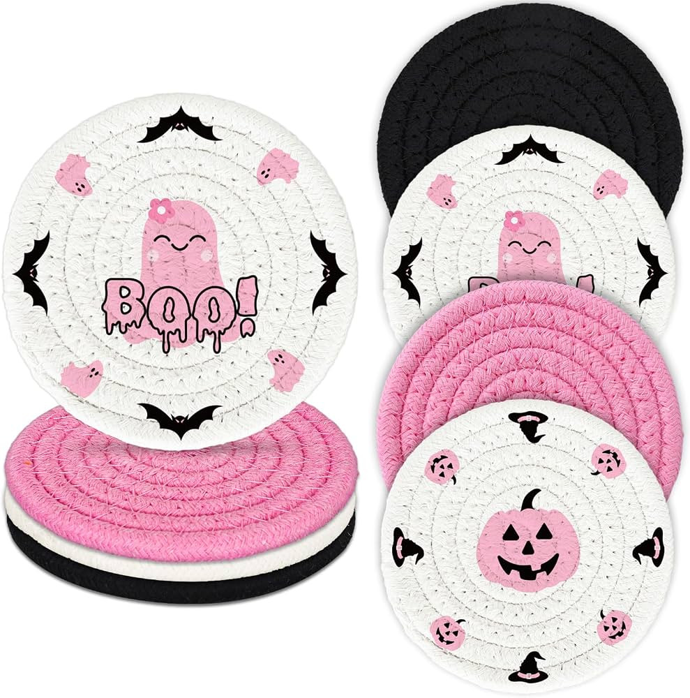 Whaline 4Pcs Halloween Handmade Braided Cotton Coasters Pink Black Pumpkin Ghost Boo Drink Coaste... | Amazon (US)