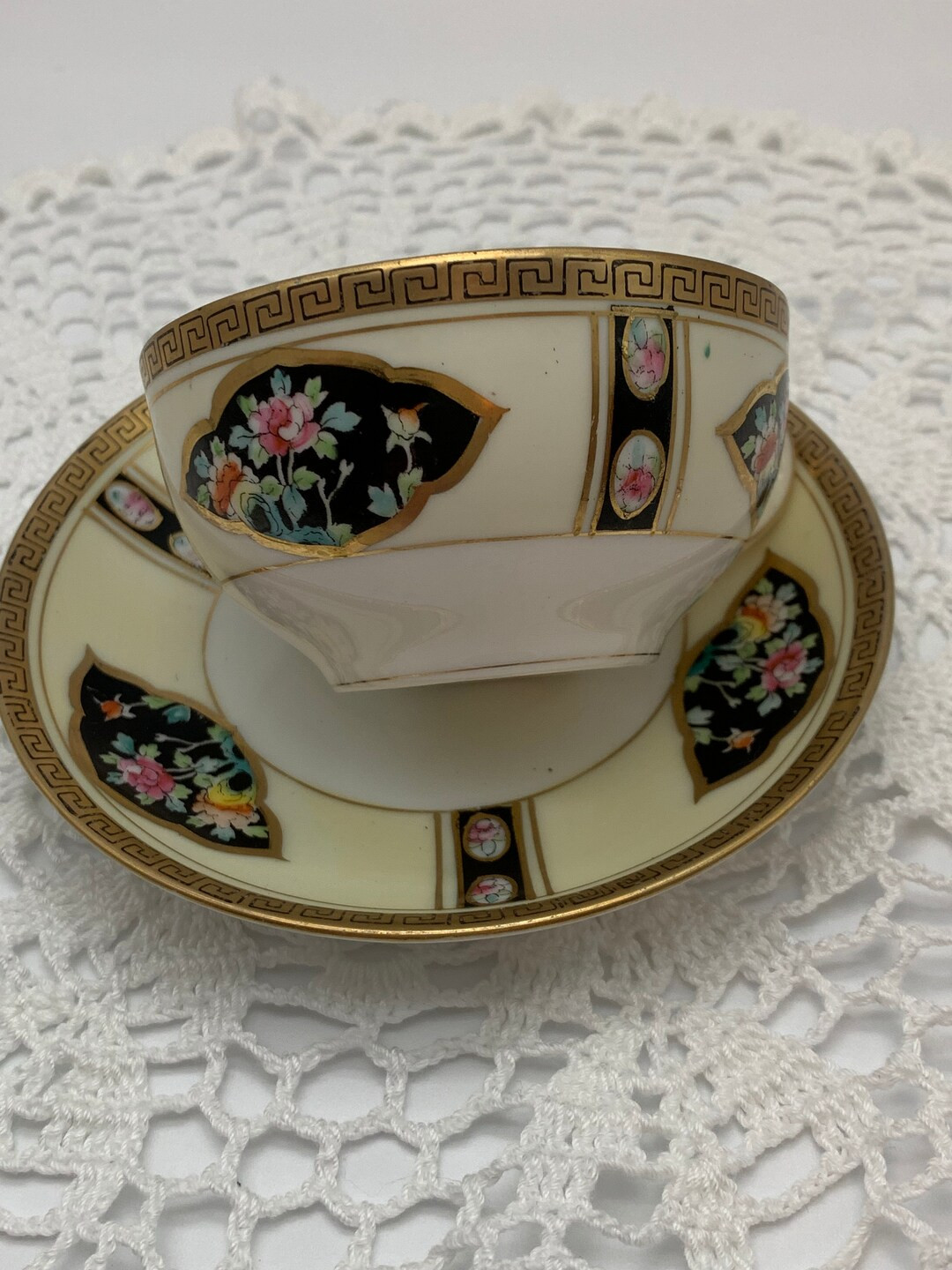 Antique 1900's Nippon Teacup and Saucer, Collectible Hand Painted Black Floral Design, Vintage Ki... | Etsy (US)