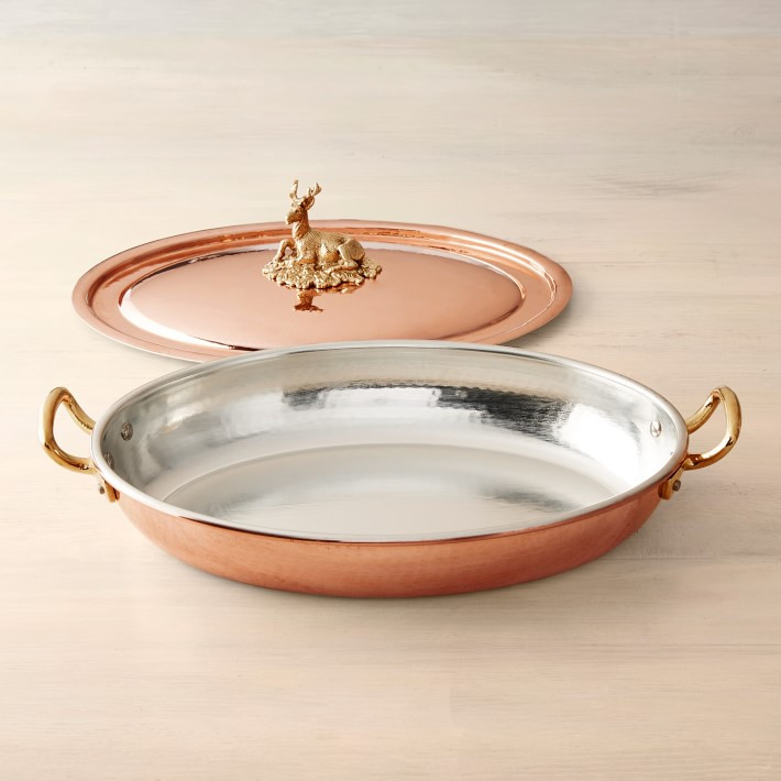 Ruffoni Historia Hammered Copper Covered Oval Gratin with Stag Knob, 3.5-Quart | Williams Sonoma | Williams-Sonoma