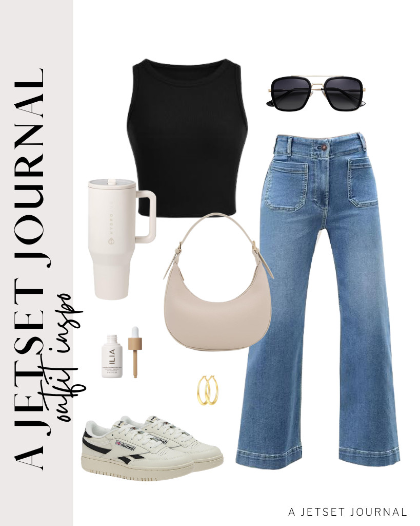 These Tankaneo wide-leg jeans, paired with a comfortable black tank top, are perfect for your chic look. You can wear these SOJOS sunnies and carry a Hydrojug water bottle to style the outfit. Don’t forget your hoop earrings and your makeup.

#LTKSeasonal #LTKSaleAlert #LTKTravel 

 