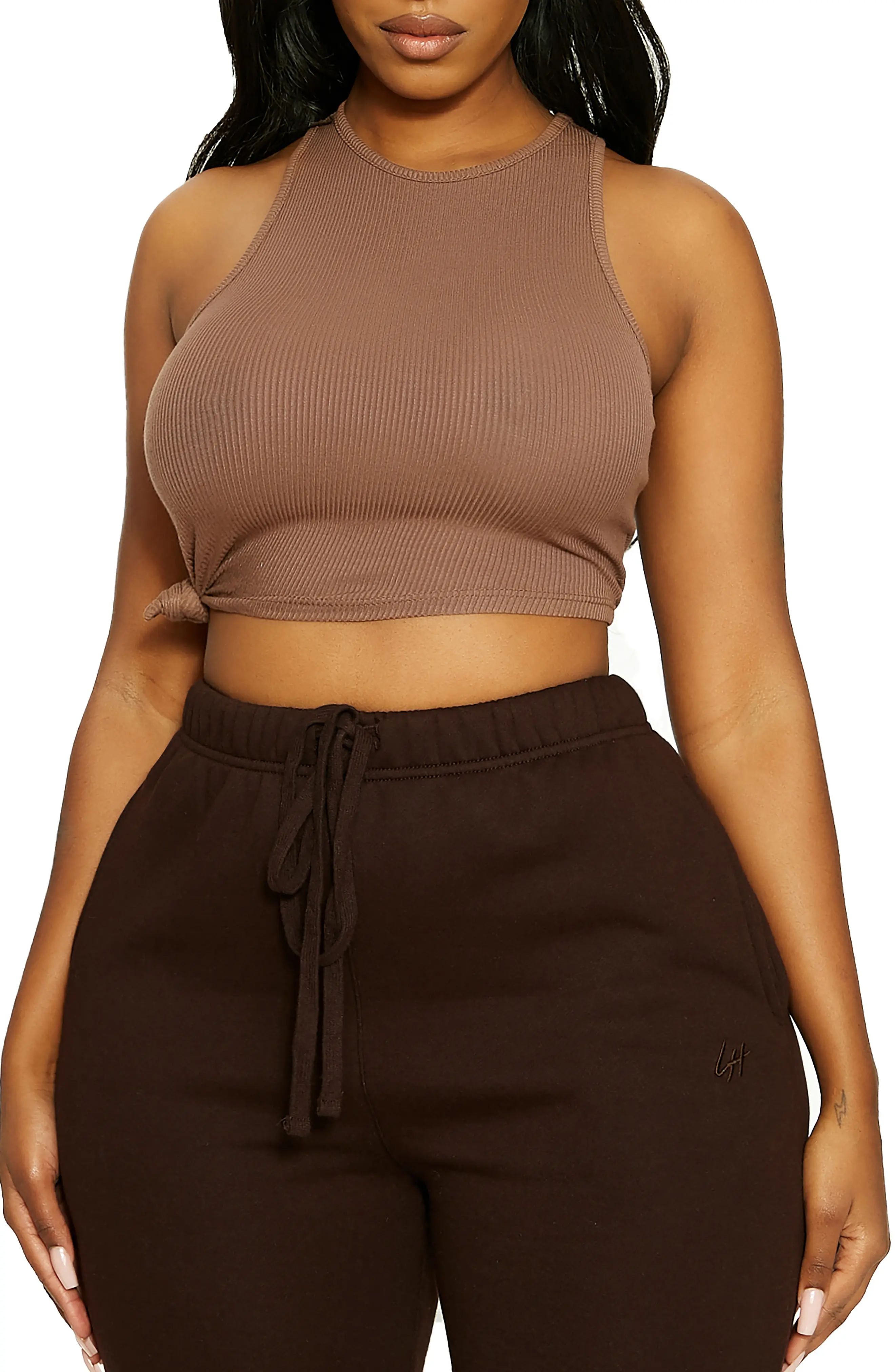 Women's Naked Wardrobe X Lori Harvey Side Knot Rib Crop Tank, Size Small - Brown | Nordstrom