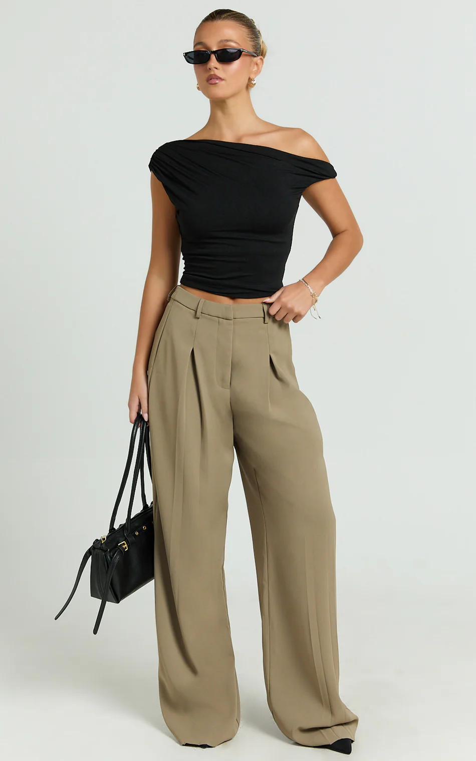 Harlee Pants - Mid Waist Pleated Wide Leg Pants in Olive | Showpo (US, UK & Europe)