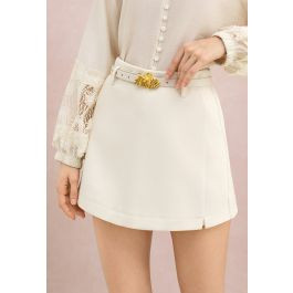Golden Buckle Belt Side Pockets Mini Skorts in Ivory for Vacation & Chic Weekends | Chicwish
