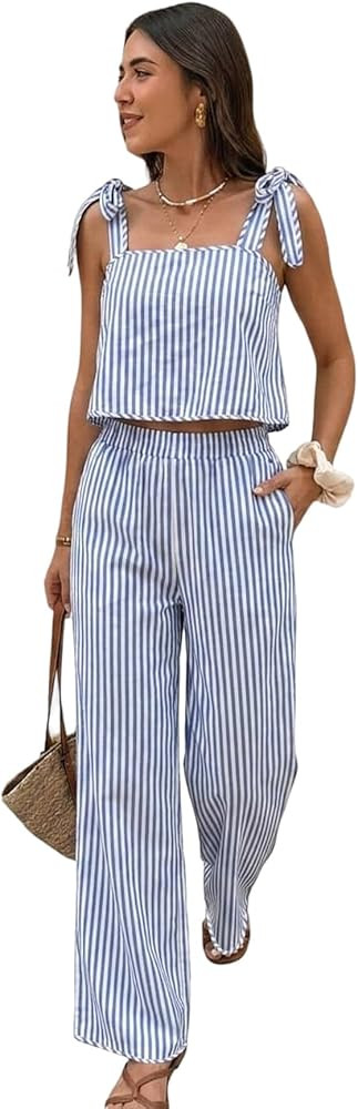 SOLY HUX Women's Summer Vacation 2 Piece Set Tie Shoulder Crop Top and Pants Travel Outfits | Amazon (US)