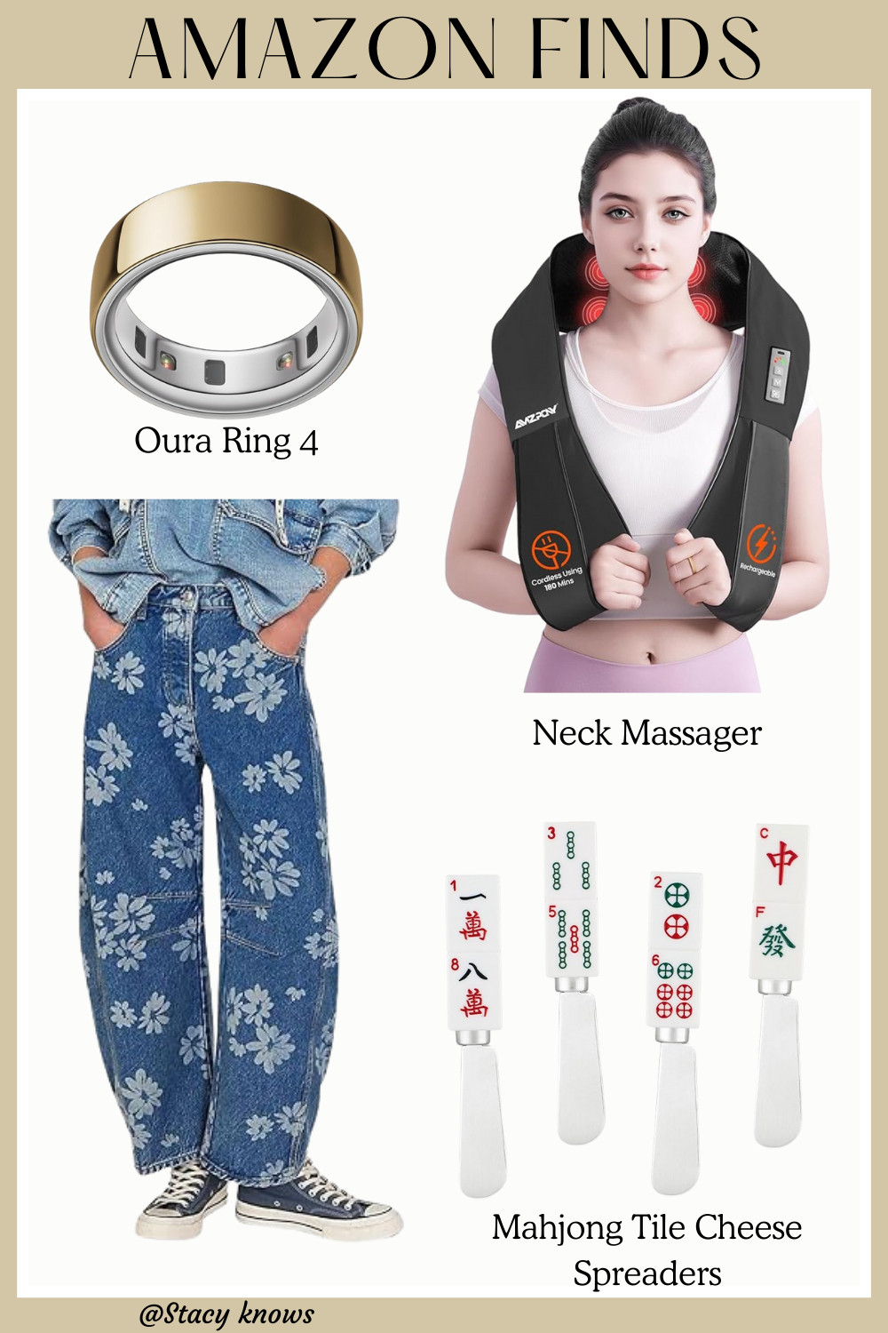 My latest Amazon finds are a must-see! From the Oura Ring 4 for serious health tracking to the most adorable **floral wide-leg jeans**, plus a **cordless neck massager** for stress relief and fun **Mahjong tile cheese spreaders** for entertaining! Shop all my daily deals below!
#LTKunder100 #AmazonFinds #AmazonFashion #OuraRing #SmartRing #HealthTech #WideLegJeans #FloralPrint #TrendyDenim #NeckMassager #PainRelief #HomeDecor #Mahjong #KitchenGadgets #LTKhome
 

 #LTKCyberWeek #LTKGiftGuide