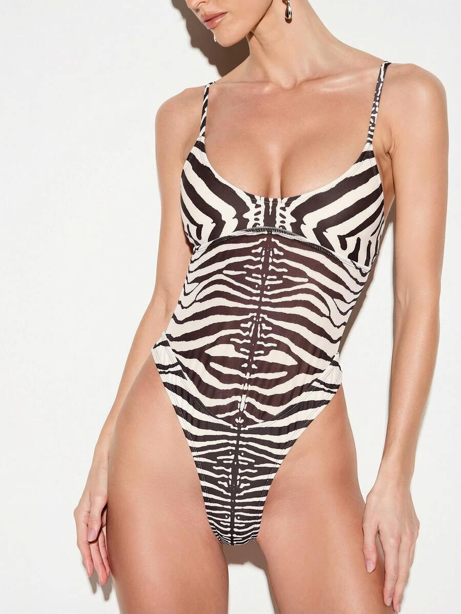 KIZN Zebra Print One Piece Swimsuit With Adjustable Straps For Beach Vacation Summer | SHEIN