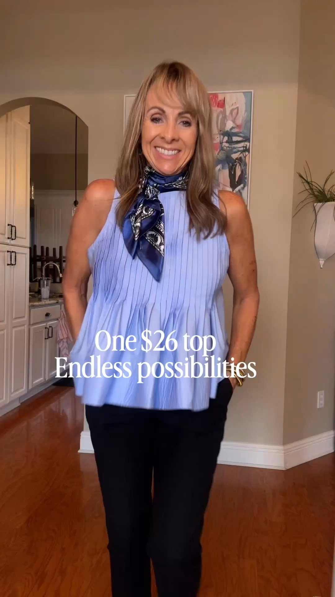 One $26 top that looks way more expensive, endless possibilities. She literally goes with everything!
Solid black pants, viral camo pants, and even striped pants! Add fun accessories!
Size down, she runs big. I’m in love with this color but it also comes in 3 others. 
#walmart #affordable #springstyle 

#LTKOver40 #LTKootd