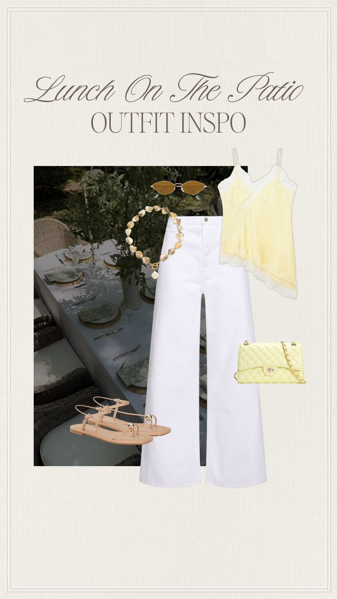 Lunch on the patio outfit inspo with soft yellow details and easy white denim. 🍋

#summeroutfit #patiooutfit #lunchoutfit #whitedenim #yellowtop #summerstyle #outfitinspo #casualchic #summeraccessories #ltkfinds #styledlook #whatIwore

#LTKootd #LTKSeasonal