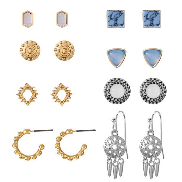 Time and Tru Women's Jewelry, Mixed Metal Earrings, Studs/Hoops with Blue Stone, 9 Pairs | Walmart (US)