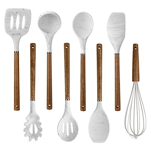 COOK WITH COLOR 8 Pc Non Stick Silicone Utensil Set with Rounded Wood Handles for Cooking and Baking - Marble White | Amazon (US)