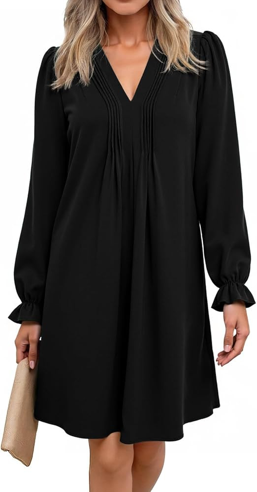 Dokotoo Womens Casual Dress A-Line Ruffle Sleeve V Neck Midi Dress 2025 Fashion Pleated Flowy Sun... | Amazon (US)