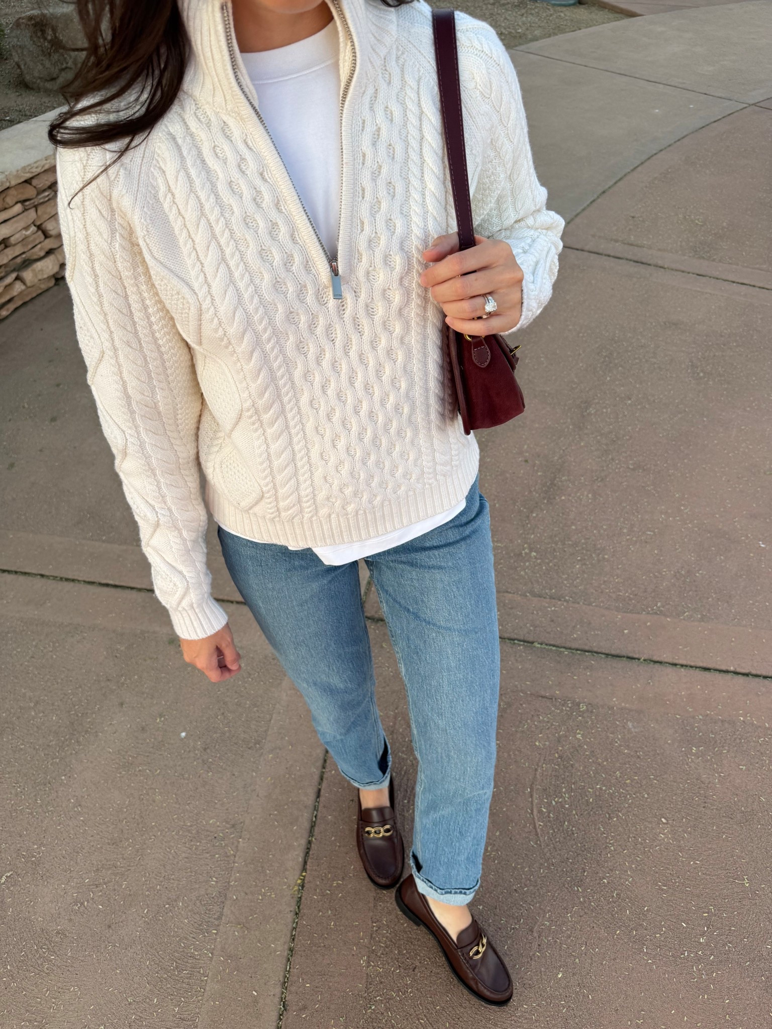 I’m 5’7” wearing size small in the cable knit zip sweater and long sleeve white tee, and true size 25 in the jeans! 

#LTKCyberWeek #LTKHoliday #LTKSaleAlert