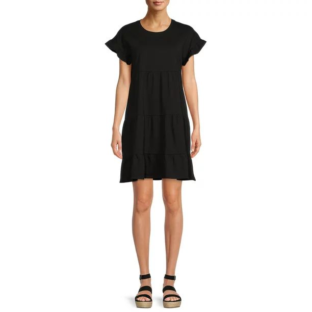 Time and Tru Women's Short Sleeve Flutter Tiered Dress | Walmart (US)