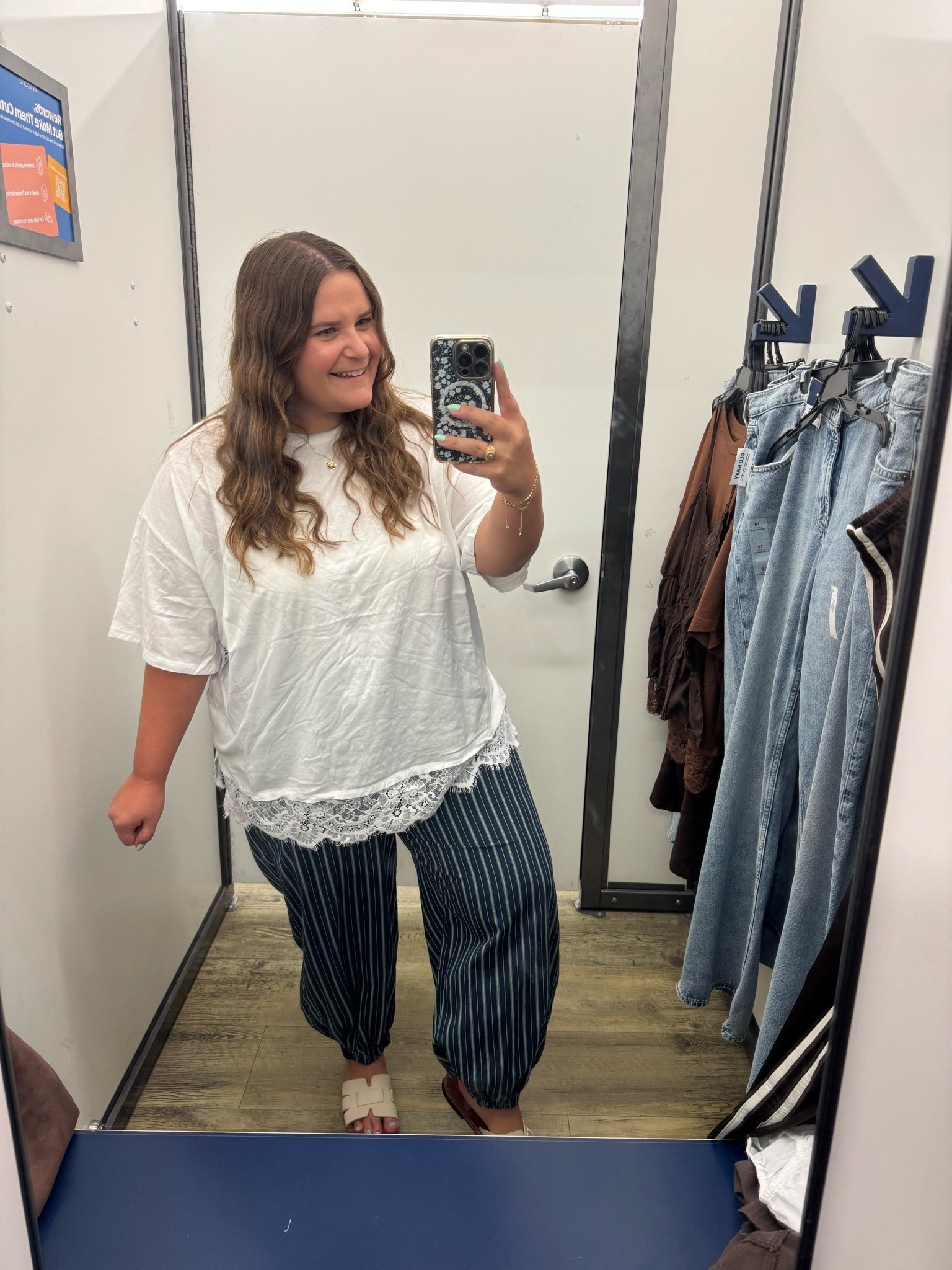 Old navy dressing room try on. I keep seeing these stripe pants everywhere. They are short girl friendly! I’m in an xl bottoms and an xxl top(would have bought an xl if they had it). I’m 5’1 and a size 16.

#LTKootd #LTKMidsize #LTKPlusSize