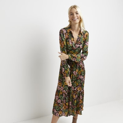 Black floral gathered midi dress | River Island (UK & IE)