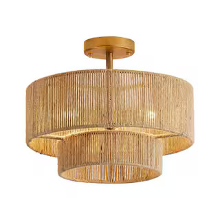 Flint Garden 15.4 in. 3-Light Bohemian Antique Gold 2-Tier Drum Semi- Flush Mount with Natural Ju... | The Home Depot