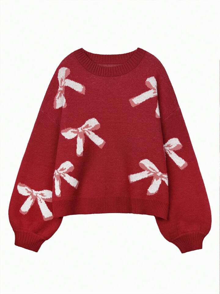 Women's Casual Bow Tie Pattern Round Neck Drop Shoulder Long Sleeve Sweater, Anchor Red, Autumn/W... | SHEIN