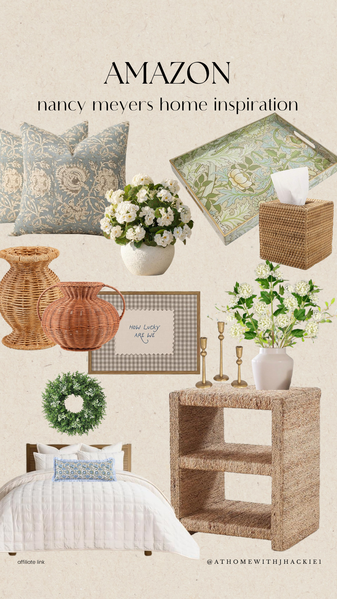 Amazon Nancy Meyers Home Inspiration, nancy meyers aesthetic, nancy meyers home, amazon home finds, cozy home decor, wicker decor, woven baskets, rattan tissue box, floral tray, blue throw pillows, decorative pillows, faux flowers, white florals, wicker vase, rattan vase, woven bookshelf, bedroom decor, traditional home decor, cottage style, organic home decor, neutral home styling

#LTKSeasonal #LTKHome