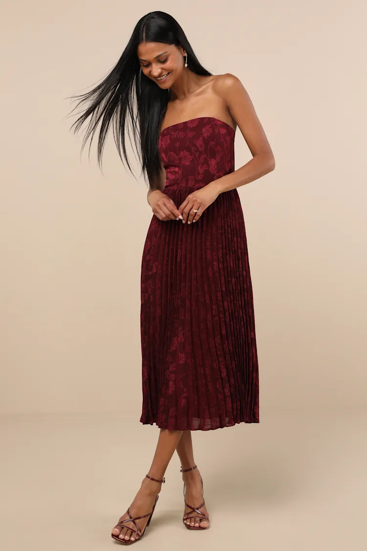 Perfectly Stunning Burgundy Jacquard Strapless Midi Dress | Lulus