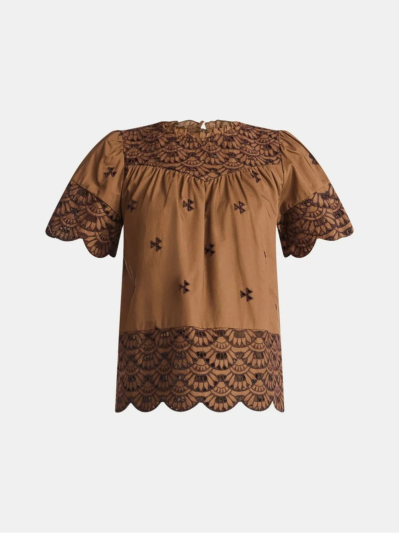 Time and Tru Women's Cotton Eyelet Top with Short Sleeves, Sizes XS-XXXL | Walmart (US)