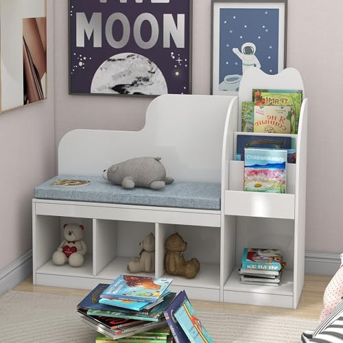 TaoHFE Reading Nook for Kids with 4 Storage Cubes and Cushion, Kid Bench with Kids Bookshelf and Toy Storage, Multifunctional Kids Reading Nook for Living Room, Kid Room, Nursery, White | Amazon (US)