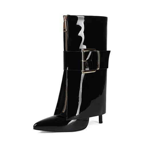 Pomoxikn Black Fold over Boots for Women Pointed Toe Shark Boots for women High Heel Metal Buckle Boots for women Knee High Boots for Party Shoes. -Black-8 | Amazon (US)