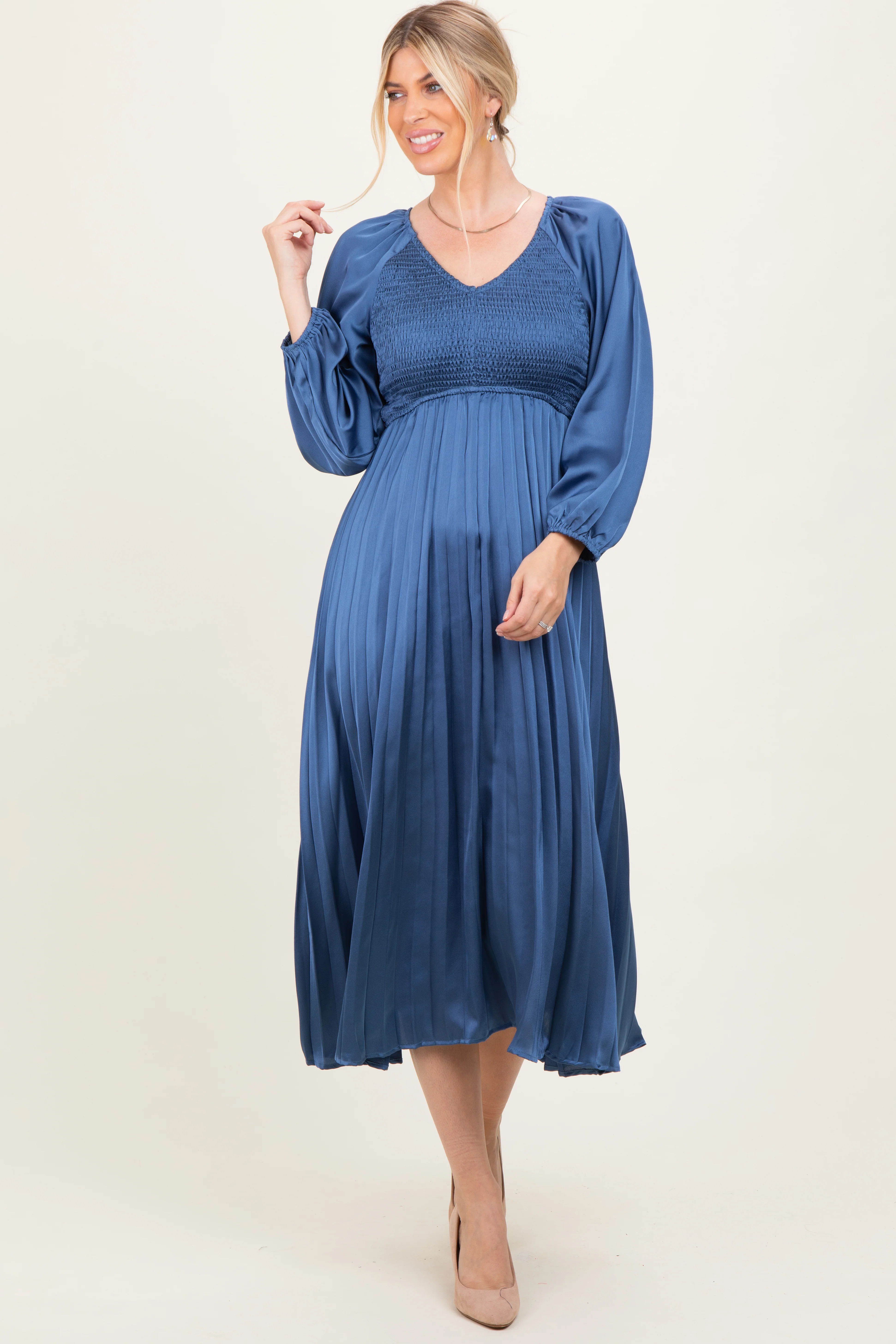 Blue Satin Smocked Pleated Midi Dress | PinkBlush Maternity