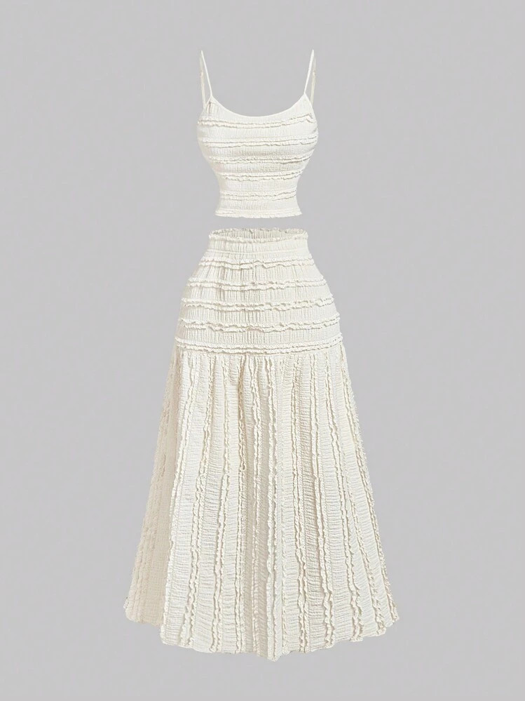 SHEIN MOD Women's Apricot Elegant Ruffle Edge Camisole And Mini Skirt 2 Pieces Set, Vacation Outf... | SHEIN