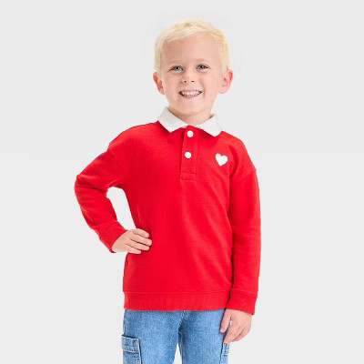 Toddler Boys' Heart Collard French Terry Crew Neck Pullover - Cat & Jack™ Red 3T | Target
