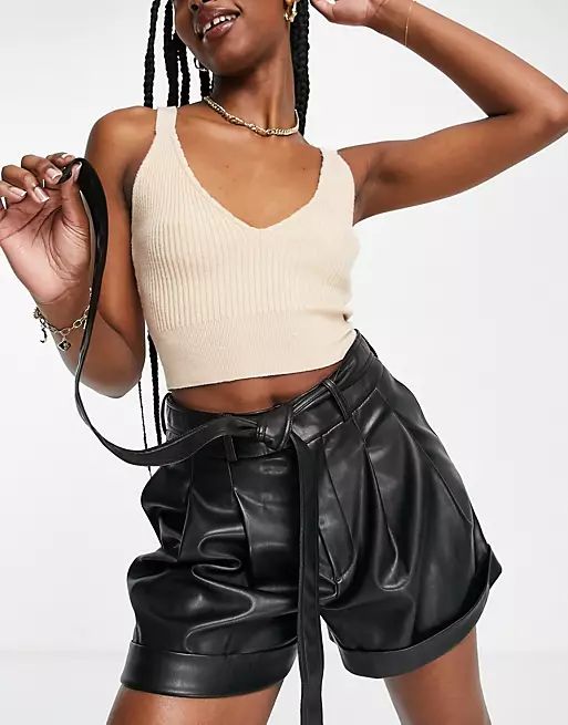 Miss Selfridge faux leather belted short in black | ASOS (Global)