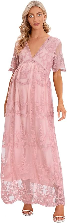 ZIUMUDY Maternity Floral Lace V Neck Wedding Dress Short Sleeve Maternity Long Dress for Photosho... | Amazon (US)