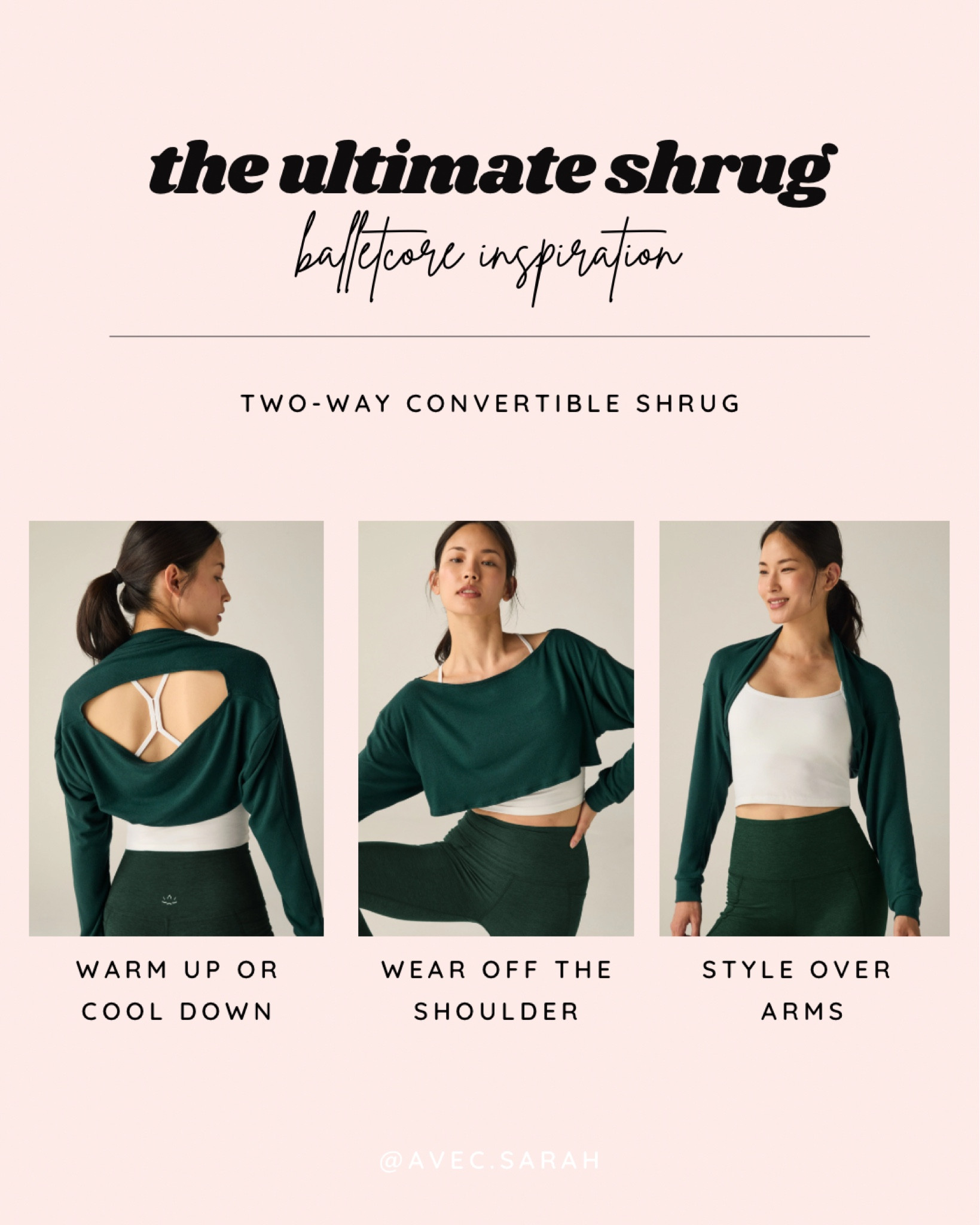 One piece that can be worn two ways: off the shoulder or over arms. It adds a touch of refinement for warming up or cooling down. 

#balletcore #barre #fitness yoga #pilatesaesthetic #pilates 


#LTKfitness #LTKActive #LTKfindsunder50